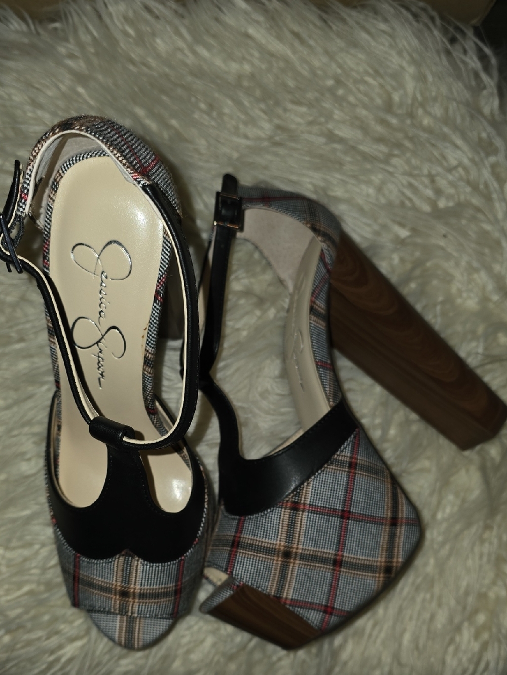 Jessica Simpson Plaid Platform Slingback Heels in Black, Gray, Brown and Red